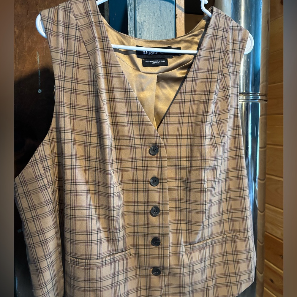 Torrid Studio Plaid Vest with Gold Lining